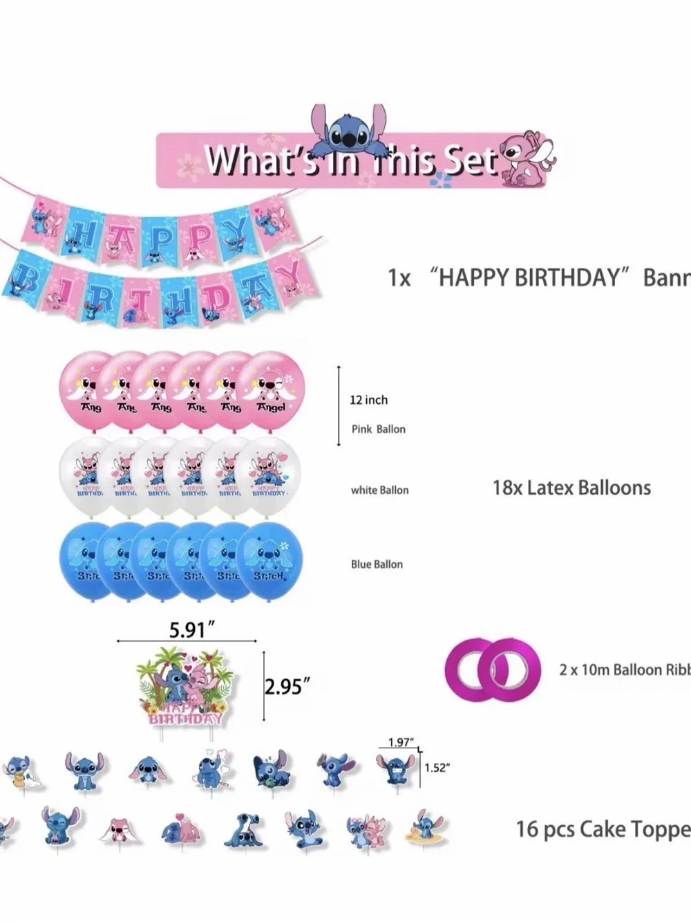 Cute Stitch & Angel Pink and Blue Birthday Party Banner and Balloon Kit